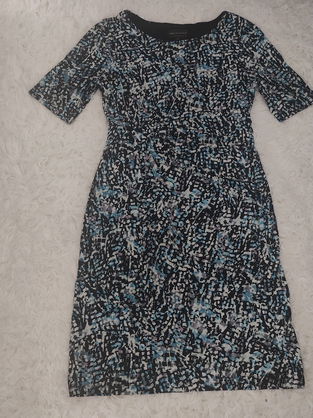 Ann Taylor Black Abstract Print Long Sleeve Sheath Dress with Blue Accents
